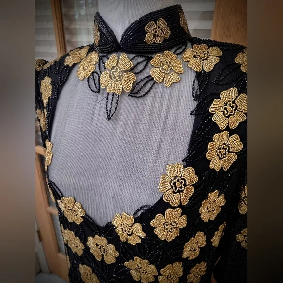 Brand New Hand Beaded Gown, Black and Gold, by Fleur de Paris, New Orleans - Picture 2 of 16